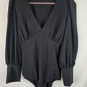 Zara Bodysuit Women's Size Medium Black Long Balloon Puffy Sleeves V-Neck Top